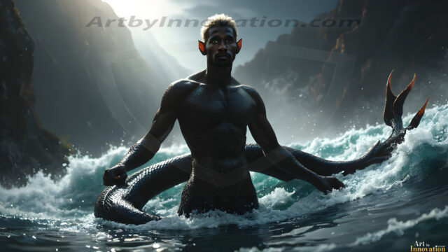 AI-generated HD photos featuring Mermen, The Warriors of the Sea. A collection of over 1,000 AI generated photo images of Mermen Warriors. Shirtless men from all age groups, with slim builds to hot and sexy, muscular body types, and from teenaged boys, to young men, to the handsome Elders. Merman warriors rising from a whirlpool, with a trident in hand, set against a stormy backdrop with dramatic lighting. Vibrant coral reefs, with detailed underwater scenes, highly realistic, with obsidian scales, that shimmer in the sunlight.