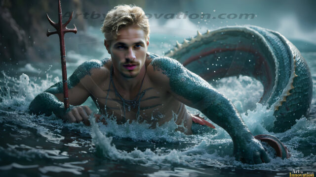 AI-generated HD photos featuring Mermen, The Warriors of the Sea. A collection of over 1,000 AI generated photo images of Mermen Warriors. Shirtless men from all age groups, with slim builds to hot and sexy, muscular body types, and from teenaged boys, to young men, to the handsome Elders. Merman warriors rising from a whirlpool, with a trident in hand, set against a stormy backdrop with dramatic lighting. Vibrant coral reefs, with detailed underwater scenes, highly realistic, with obsidian scales, that shimmer in the sunlight.
