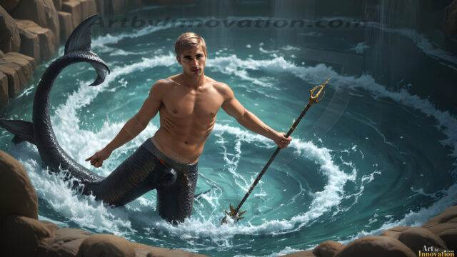 AI-generated HD photos featuring Mermen, The Warriors of the Sea. A collection of over 1,000 AI generated photo images of Mermen Warriors. Shirtless men from all age groups, with slim builds to hot and sexy, muscular body types, and from teenaged boys, to young men, to the handsome Elders. Merman warriors rising from a whirlpool, with a trident in hand, set against a stormy backdrop with dramatic lighting. Vibrant coral reefs, with detailed underwater scenes, highly realistic, with obsidian scales, that shimmer in the sunlight.