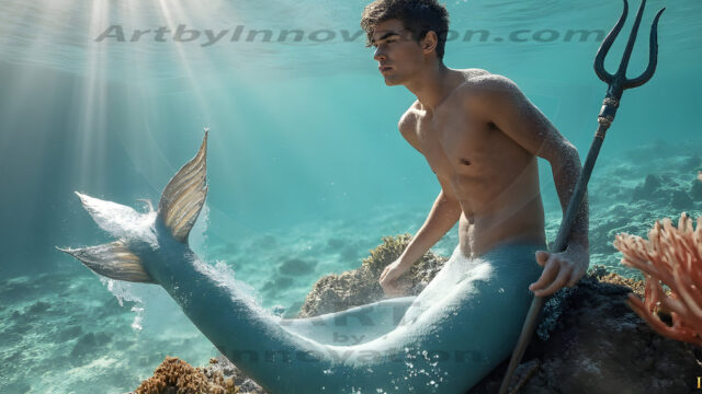 AI-generated HD photos featuring Mermen, The Warriors of the Sea. A collection of over 1,000 AI generated photo images of Mermen Warriors. Shirtless men from all age groups, with slim builds to hot and sexy, muscular body types, and from teenaged boys, to young men, to the handsome Elders. Merman warriors rising from a whirlpool, with a trident in hand, set against a stormy backdrop with dramatic lighting. Vibrant coral reefs, with detailed underwater scenes, highly realistic, with obsidian scales, that shimmer in the sunlight.