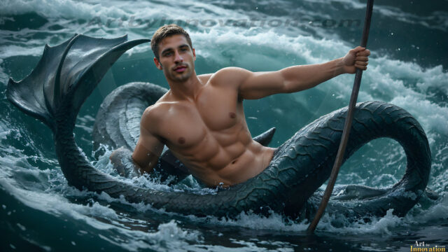 AI-generated HD photos featuring Mermen, The Warriors of the Sea. A collection of over 1,000 AI generated photo images of Mermen Warriors. Shirtless men from all age groups, with slim builds to hot and sexy, muscular body types, and from teenaged boys, to young men, to the handsome Elders. Merman warriors rising from a whirlpool, with a trident in hand, set against a stormy backdrop with dramatic lighting. Vibrant coral reefs, with detailed underwater scenes, highly realistic, with obsidian scales, that shimmer in the sunlight.
