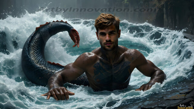 AI-generated HD photos featuring Mermen, The Warriors of the Sea. A collection of over 1,000 AI generated photo images of Mermen Warriors. Shirtless men from all age groups, with slim builds to hot and sexy, muscular body types, and from teenaged boys, to young men, to the handsome Elders. Merman warriors rising from a whirlpool, with a trident in hand, set against a stormy backdrop with dramatic lighting. Vibrant coral reefs, with detailed underwater scenes, highly realistic, with obsidian scales, that shimmer in the sunlight.
