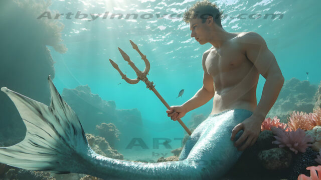 AI-generated HD photos featuring Mermen, The Warriors of the Sea. A collection of over 1,000 AI generated photo images of Mermen Warriors. Shirtless men from all age groups, with slim builds to hot and sexy, muscular body types, and from teenaged boys, to young men, to the handsome Elders. Merman warriors rising from a whirlpool, with a trident in hand, set against a stormy backdrop with dramatic lighting. Vibrant coral reefs, with detailed underwater scenes, highly realistic, with obsidian scales, that shimmer in the sunlight.