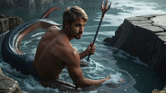 AI-generated HD photos featuring Mermen, The Warriors of the Sea. A collection of over 1,000 AI generated photo images of Mermen Warriors. Shirtless men from all age groups, with slim builds to hot and sexy, muscular body types, and from teenaged boys, to young men, to the handsome Elders. Merman warriors rising from a whirlpool, with a trident in hand, set against a stormy backdrop with dramatic lighting. Vibrant coral reefs, with detailed underwater scenes, highly realistic, with obsidian scales, that shimmer in the sunlight.