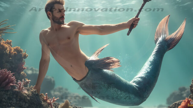 AI-generated HD photos featuring Mermen, The Warriors of the Sea. A collection of over 1,000 AI generated photo images of Mermen Warriors. Shirtless men from all age groups, with slim builds to hot and sexy, muscular body types, and from teenaged boys, to young men, to the handsome Elders. Merman warriors rising from a whirlpool, with a trident in hand, set against a stormy backdrop with dramatic lighting. Vibrant coral reefs, with detailed underwater scenes, highly realistic, with obsidian scales, that shimmer in the sunlight.