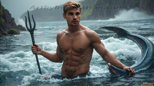 AI-generated HD photos featuring Mermen, The Warriors of the Sea. A collection of over 1,000 AI generated photo images of Mermen Warriors. Shirtless men from all age groups, with slim builds to hot and sexy, muscular body types, and from teenaged boys, to young men, to the handsome Elders. Merman warriors rising from a whirlpool, with a trident in hand, set against a stormy backdrop with dramatic lighting. Vibrant coral reefs, with detailed underwater scenes, highly realistic, with obsidian scales, that shimmer in the sunlight.