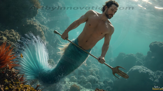 AI-generated HD photos featuring Mermen, The Warriors of the Sea. A collection of over 1,000 AI generated photo images of Mermen Warriors. Shirtless men from all age groups, with slim builds to hot and sexy, muscular body types, and from teenaged boys, to young men, to the handsome Elders. Merman warriors rising from a whirlpool, with a trident in hand, set against a stormy backdrop with dramatic lighting. Vibrant coral reefs, with detailed underwater scenes, highly realistic, with obsidian scales, that shimmer in the sunlight.