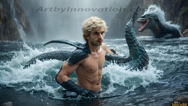 AI-generated HD photos featuring Mermen, The Warriors of the Sea. A collection of over 1,000 AI generated photo images of Mermen Warriors. Shirtless men from all age groups, with slim builds to hot and sexy, muscular body types, and from teenaged boys, to young men, to the handsome Elders. Merman warriors rising from a whirlpool, with a trident in hand, set against a stormy backdrop with dramatic lighting. Vibrant coral reefs, with detailed underwater scenes, highly realistic, with obsidian scales, that shimmer in the sunlight.