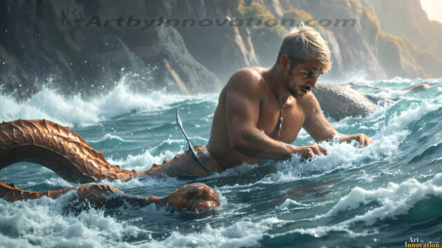 AI-generated HD photos featuring Mermen, The Warriors of the Sea. A collection of over 1,000 AI generated photo images of Mermen Warriors. Shirtless men from all age groups, with slim builds to hot and sexy, muscular body types, and from teenaged boys, to young men, to the handsome Elders. Merman warriors rising from a whirlpool, with a trident in hand, set against a stormy backdrop with dramatic lighting. Vibrant coral reefs, with detailed underwater scenes, highly realistic, with obsidian scales, that shimmer in the sunlight.