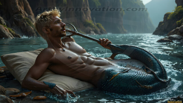 AI-generated HD photos featuring Mermen, The Warriors of the Sea. A collection of over 1,000 AI generated photo images of Mermen Warriors. Shirtless men from all age groups, with slim builds to hot and sexy, muscular body types, and from teenaged boys, to young men, to the handsome Elders. Merman warriors rising from a whirlpool, with a trident in hand, set against a stormy backdrop with dramatic lighting. Vibrant coral reefs, with detailed underwater scenes, highly realistic, with obsidian scales, that shimmer in the sunlight.