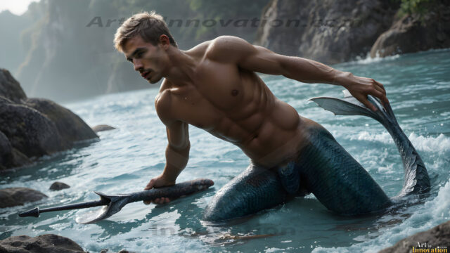 AI-generated HD photos featuring Mermen, The Warriors of the Sea. A collection of over 1,000 AI generated photo images of Mermen Warriors. Shirtless men from all age groups, with slim builds to hot and sexy, muscular body types, and from teenaged boys, to young men, to the handsome Elders. Merman warriors rising from a whirlpool, with a trident in hand, set against a stormy backdrop with dramatic lighting. Vibrant coral reefs, with detailed underwater scenes, highly realistic, with obsidian scales, that shimmer in the sunlight.