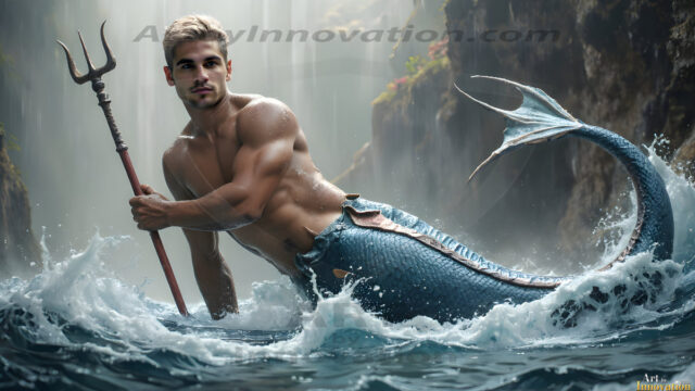 AI-generated HD photos featuring Mermen, The Warriors of the Sea. A collection of over 1,000 AI generated photo images of Mermen Warriors. Shirtless men from all age groups, with slim builds to hot and sexy, muscular body types, and from teenaged boys, to young men, to the handsome Elders. Merman warriors rising from a whirlpool, with a trident in hand, set against a stormy backdrop with dramatic lighting. Vibrant coral reefs, with detailed underwater scenes, highly realistic, with obsidian scales, that shimmer in the sunlight.