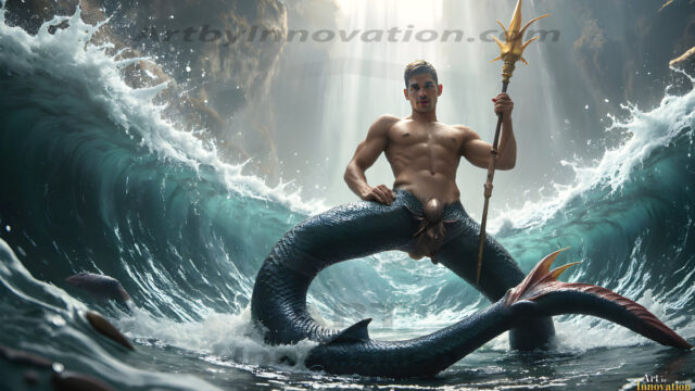 AI-generated HD photos featuring Mermen, The Warriors of the Sea. A collection of over 1,000 AI generated photo images of Mermen Warriors. Shirtless men from all age groups, with slim builds to hot and sexy, muscular body types, and from teenaged boys, to young men, to the handsome Elders. Merman warriors rising from a whirlpool, with a trident in hand, set against a stormy backdrop with dramatic lighting. Vibrant coral reefs, with detailed underwater scenes, highly realistic, with obsidian scales, that shimmer in the sunlight.