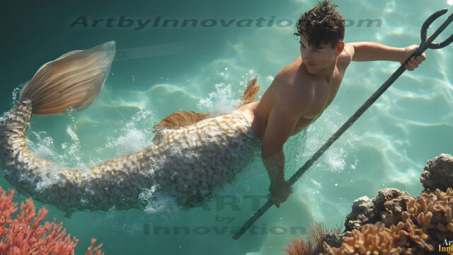 AI-generated HD photos featuring Mermen, The Warriors of the Sea. A collection of over 1,000 AI generated photo images of Mermen Warriors. Shirtless men from all age groups, with slim builds to hot and sexy, muscular body types, and from teenaged boys, to young men, to the handsome Elders. Merman warriors rising from a whirlpool, with a trident in hand, set against a stormy backdrop with dramatic lighting. Vibrant coral reefs, with detailed underwater scenes, highly realistic, with obsidian scales, that shimmer in the sunlight.