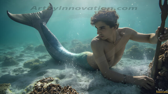 AI-generated HD photos featuring Mermen, The Warriors of the Sea. A collection of over 1,000 AI generated photo images of Mermen Warriors. Shirtless men from all age groups, with slim builds to hot and sexy, muscular body types, and from teenaged boys, to young men, to the handsome Elders. Merman warriors rising from a whirlpool, with a trident in hand, set against a stormy backdrop with dramatic lighting. Vibrant coral reefs, with detailed underwater scenes, highly realistic, with obsidian scales, that shimmer in the sunlight.