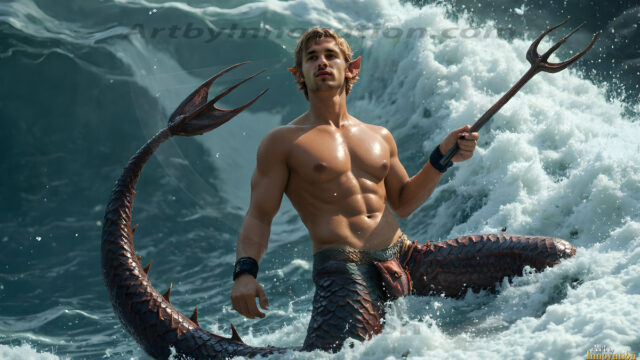 AI-generated HD photos featuring Mermen, The Warriors of the Sea. A collection of over 1,000 AI generated photo images of Mermen Warriors. Shirtless men from all age groups, with slim builds to hot and sexy, muscular body types, and from teenaged boys, to young men, to the handsome Elders. Merman warriors rising from a whirlpool, with a trident in hand, set against a stormy backdrop with dramatic lighting. Vibrant coral reefs, with detailed underwater scenes, highly realistic, with obsidian scales, that shimmer in the sunlight.