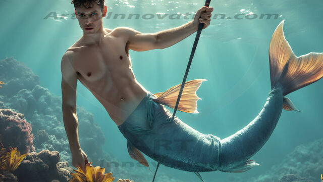 AI-generated HD photos featuring Mermen, The Warriors of the Sea. A collection of over 1,000 AI generated photo images of Mermen Warriors. Shirtless men from all age groups, with slim builds to hot and sexy, muscular body types, and from teenaged boys, to young men, to the handsome Elders. Merman warriors rising from a whirlpool, with a trident in hand, set against a stormy backdrop with dramatic lighting. Vibrant coral reefs, with detailed underwater scenes, highly realistic, with obsidian scales, that shimmer in the sunlight.
