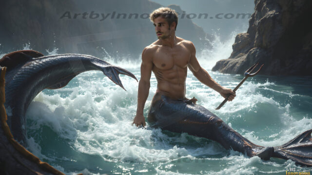 AI-generated HD photos featuring Mermen, The Warriors of the Sea. A collection of over 1,000 AI generated photo images of Mermen Warriors. Shirtless men from all age groups, with slim builds to hot and sexy, muscular body types, and from teenaged boys, to young men, to the handsome Elders. Merman warriors rising from a whirlpool, with a trident in hand, set against a stormy backdrop with dramatic lighting. Vibrant coral reefs, with detailed underwater scenes, highly realistic, with obsidian scales, that shimmer in the sunlight.