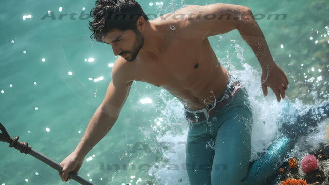 AI-generated HD photos featuring Mermen, The Warriors of the Sea. A collection of over 1,000 AI generated photo images of Mermen Warriors. Shirtless men from all age groups, with slim builds to hot and sexy, muscular body types, and from teenaged boys, to young men, to the handsome Elders. Merman warriors rising from a whirlpool, with a trident in hand, set against a stormy backdrop with dramatic lighting. Vibrant coral reefs, with detailed underwater scenes, highly realistic, with obsidian scales, that shimmer in the sunlight.