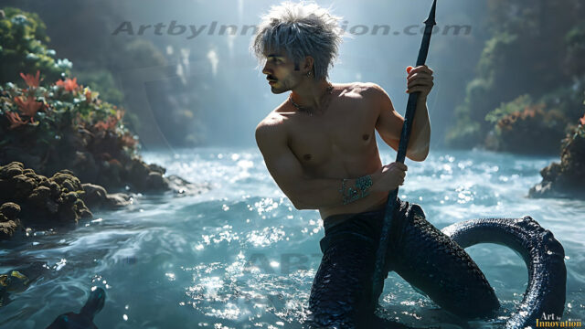 AI-generated HD photos featuring Mermen, The Warriors of the Sea. A collection of over 1,000 AI generated photo images of Mermen Warriors. Shirtless men from all age groups, with slim builds to hot and sexy, muscular body types, and from teenaged boys, to young men, to the handsome Elders. Merman warriors rising from a whirlpool, with a trident in hand, set against a stormy backdrop with dramatic lighting. Vibrant coral reefs, with detailed underwater scenes, highly realistic, with obsidian scales, that shimmer in the sunlight.