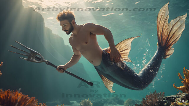 AI-generated HD photos featuring Mermen, The Warriors of the Sea. A collection of over 1,000 AI generated photo images of Mermen Warriors. Shirtless men from all age groups, with slim builds to hot and sexy, muscular body types, and from teenaged boys, to young men, to the handsome Elders. Merman warriors rising from a whirlpool, with a trident in hand, set against a stormy backdrop with dramatic lighting. Vibrant coral reefs, with detailed underwater scenes, highly realistic, with obsidian scales, that shimmer in the sunlight.
