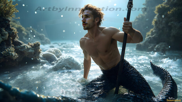 AI-generated HD photos featuring Mermen, The Warriors of the Sea. A collection of over 1,000 AI generated photo images of Mermen Warriors. Shirtless men from all age groups, with slim builds to hot and sexy, muscular body types, and from teenaged boys, to young men, to the handsome Elders. Merman warriors rising from a whirlpool, with a trident in hand, set against a stormy backdrop with dramatic lighting. Vibrant coral reefs, with detailed underwater scenes, highly realistic, with obsidian scales, that shimmer in the sunlight.