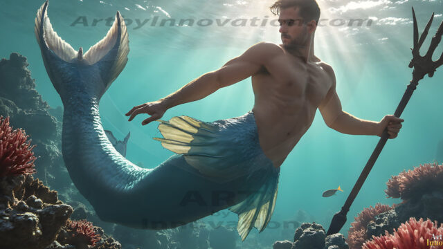AI-generated HD photos featuring Mermen, The Warriors of the Sea. A collection of over 1,000 AI generated photo images of Mermen Warriors. Shirtless men from all age groups, with slim builds to hot and sexy, muscular body types, and from teenaged boys, to young men, to the handsome Elders. Merman warriors rising from a whirlpool, with a trident in hand, set against a stormy backdrop with dramatic lighting. Vibrant coral reefs, with detailed underwater scenes, highly realistic, with obsidian scales, that shimmer in the sunlight.