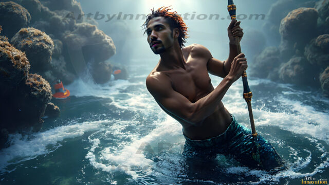 AI-generated HD photos featuring Mermen, The Warriors of the Sea. A collection of over 1,000 AI generated photo images of Mermen Warriors. Shirtless men from all age groups, with slim builds to hot and sexy, muscular body types, and from teenaged boys, to young men, to the handsome Elders. Merman warriors rising from a whirlpool, with a trident in hand, set against a stormy backdrop with dramatic lighting. Vibrant coral reefs, with detailed underwater scenes, highly realistic, with obsidian scales, that shimmer in the sunlight.