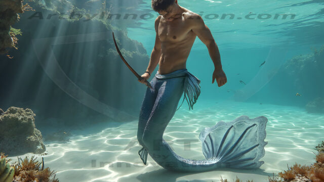 AI-generated HD photos featuring Mermen, The Warriors of the Sea. A collection of over 1,000 AI generated photo images of Mermen Warriors. Shirtless men from all age groups, with slim builds to hot and sexy, muscular body types, and from teenaged boys, to young men, to the handsome Elders. Merman warriors rising from a whirlpool, with a trident in hand, set against a stormy backdrop with dramatic lighting. Vibrant coral reefs, with detailed underwater scenes, highly realistic, with obsidian scales, that shimmer in the sunlight.