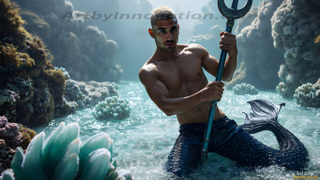 AI-generated HD photos featuring Mermen, The Warriors of the Sea. A collection of over 1,000 AI generated photo images of Mermen Warriors. Shirtless men from all age groups, with slim builds to hot and sexy, muscular body types, and from teenaged boys, to young men, to the handsome Elders. Merman warriors rising from a whirlpool, with a trident in hand, set against a stormy backdrop with dramatic lighting. Vibrant coral reefs, with detailed underwater scenes, highly realistic, with obsidian scales, that shimmer in the sunlight.