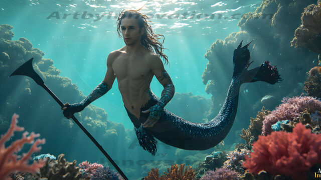 AI-generated HD photos featuring Mermen, The Warriors of the Sea. A collection of over 1,000 AI generated photo images of Mermen Warriors. Shirtless men from all age groups, with slim builds to hot and sexy, muscular body types, and from teenaged boys, to young men, to the handsome Elders. Merman warriors rising from a whirlpool, with a trident in hand, set against a stormy backdrop with dramatic lighting. Vibrant coral reefs, with detailed underwater scenes, highly realistic, with obsidian scales, that shimmer in the sunlight.
