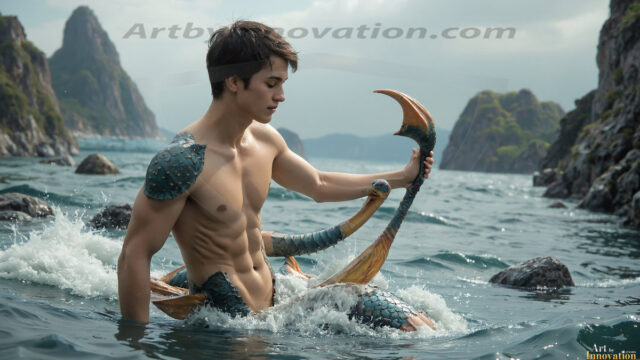 AI-generated HD photos featuring Mermen, The Warriors of the Sea. A collection of over 1,000 AI generated photo images of Mermen Warriors. Shirtless men from all age groups, with slim builds to hot and sexy, muscular body types, and from teenaged boys, to young men, to the handsome Elders. Merman warriors rising from a whirlpool, with a trident in hand, set against a stormy backdrop with dramatic lighting. Vibrant coral reefs, with detailed underwater scenes, highly realistic, with obsidian scales, that shimmer in the sunlight.