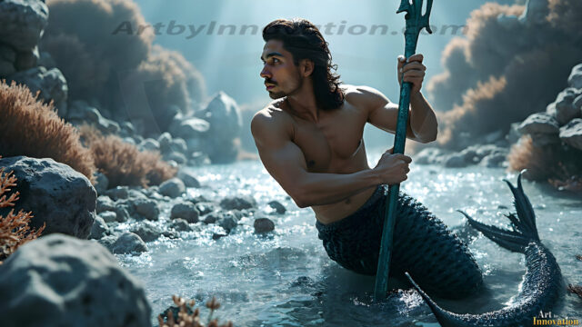 AI-generated HD photos featuring Mermen, The Warriors of the Sea. A collection of over 1,000 AI generated photo images of Mermen Warriors. Shirtless men from all age groups, with slim builds to hot and sexy, muscular body types, and from teenaged boys, to young men, to the handsome Elders. Merman warriors rising from a whirlpool, with a trident in hand, set against a stormy backdrop with dramatic lighting. Vibrant coral reefs, with detailed underwater scenes, highly realistic, with obsidian scales, that shimmer in the sunlight.