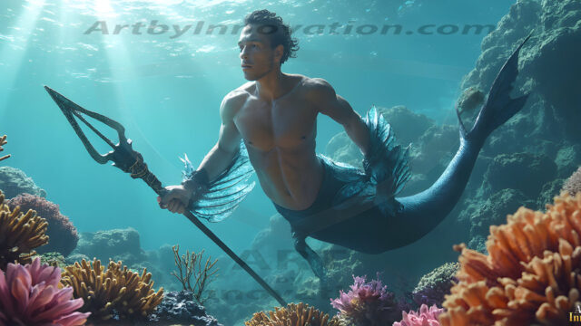 AI-generated HD photos featuring Mermen, The Warriors of the Sea. A collection of over 1,000 AI generated photo images of Mermen Warriors. Shirtless men from all age groups, with slim builds to hot and sexy, muscular body types, and from teenaged boys, to young men, to the handsome Elders. Merman warriors rising from a whirlpool, with a trident in hand, set against a stormy backdrop with dramatic lighting. Vibrant coral reefs, with detailed underwater scenes, highly realistic, with obsidian scales, that shimmer in the sunlight.