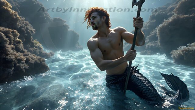 AI-generated HD photos featuring Mermen, The Warriors of the Sea. A collection of over 1,000 AI generated photo images of Mermen Warriors. Shirtless men from all age groups, with slim builds to hot and sexy, muscular body types, and from teenaged boys, to young men, to the handsome Elders. Merman warriors rising from a whirlpool, with a trident in hand, set against a stormy backdrop with dramatic lighting. Vibrant coral reefs, with detailed underwater scenes, highly realistic, with obsidian scales, that shimmer in the sunlight.