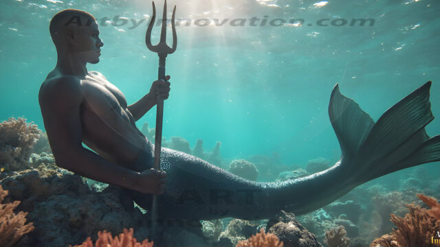 AI-generated HD photos featuring Mermen, The Warriors of the Sea. A collection of over 1,000 AI generated photo images of Mermen Warriors. Shirtless men from all age groups, with slim builds to hot and sexy, muscular body types, and from teenaged boys, to young men, to the handsome Elders. Merman warriors rising from a whirlpool, with a trident in hand, set against a stormy backdrop with dramatic lighting. Vibrant coral reefs, with detailed underwater scenes, highly realistic, with obsidian scales, that shimmer in the sunlight.