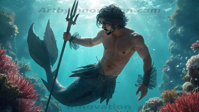 AI-generated HD photos featuring Mermen, The Warriors of the Sea. A collection of over 1,000 AI generated photo images of Mermen Warriors. Shirtless men from all age groups, with slim builds to hot and sexy, muscular body types, and from teenaged boys, to young men, to the handsome Elders. Merman warriors rising from a whirlpool, with a trident in hand, set against a stormy backdrop with dramatic lighting. Vibrant coral reefs, with detailed underwater scenes, highly realistic, with obsidian scales, that shimmer in the sunlight.