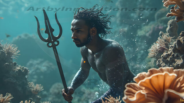 AI-generated HD photos featuring Mermen, The Warriors of the Sea. A collection of over 1,000 AI generated photo images of Mermen Warriors. Shirtless men from all age groups, with slim builds to hot and sexy, muscular body types, and from teenaged boys, to young men, to the handsome Elders. Merman warriors rising from a whirlpool, with a trident in hand, set against a stormy backdrop with dramatic lighting. Vibrant coral reefs, with detailed underwater scenes, highly realistic, with obsidian scales, that shimmer in the sunlight.