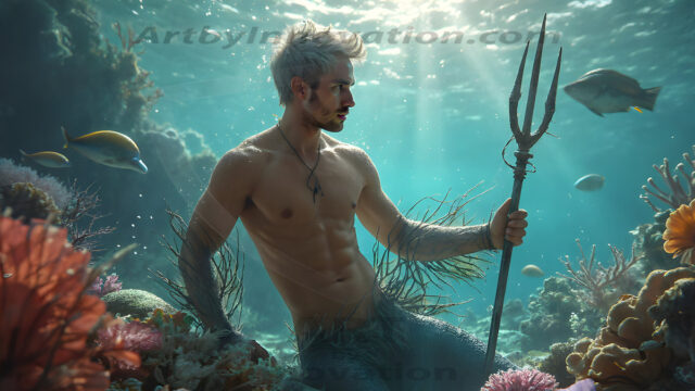 AI-generated HD photos featuring Mermen, The Warriors of the Sea. A collection of over 1,000 AI generated photo images of Mermen Warriors. Shirtless men from all age groups, with slim builds to hot and sexy, muscular body types, and from teenaged boys, to young men, to the handsome Elders. Merman warriors rising from a whirlpool, with a trident in hand, set against a stormy backdrop with dramatic lighting. Vibrant coral reefs, with detailed underwater scenes, highly realistic, with obsidian scales, that shimmer in the sunlight.