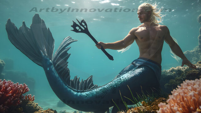 AI-generated HD photos featuring Mermen, The Warriors of the Sea. A collection of over 1,000 AI generated photo images of Mermen Warriors. Shirtless men from all age groups, with slim builds to hot and sexy, muscular body types, and from teenaged boys, to young men, to the handsome Elders. Merman warriors rising from a whirlpool, with a trident in hand, set against a stormy backdrop with dramatic lighting. Vibrant coral reefs, with detailed underwater scenes, highly realistic, with obsidian scales, that shimmer in the sunlight.