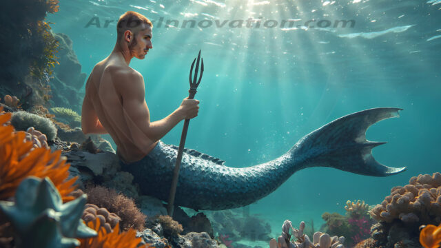 AI-generated HD photos featuring Mermen, The Warriors of the Sea. A collection of over 1,000 AI generated photo images of Mermen Warriors. Shirtless men from all age groups, with slim builds to hot and sexy, muscular body types, and from teenaged boys, to young men, to the handsome Elders. Merman warriors rising from a whirlpool, with a trident in hand, set against a stormy backdrop with dramatic lighting. Vibrant coral reefs, with detailed underwater scenes, highly realistic, with obsidian scales, that shimmer in the sunlight.