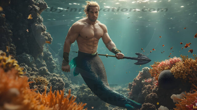 AI-generated HD photos featuring Mermen, The Warriors of the Sea. A collection of over 1,000 AI generated photo images of Mermen Warriors. Shirtless men from all age groups, with slim builds to hot and sexy, muscular body types, and from teenaged boys, to young men, to the handsome Elders. Merman warriors rising from a whirlpool, with a trident in hand, set against a stormy backdrop with dramatic lighting. Vibrant coral reefs, with detailed underwater scenes, highly realistic, with obsidian scales, that shimmer in the sunlight.