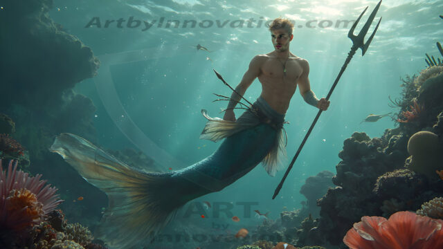 AI-generated HD photos featuring Mermen, The Warriors of the Sea. A collection of over 1,000 AI generated photo images of Mermen Warriors. Shirtless men from all age groups, with slim builds to hot and sexy, muscular body types, and from teenaged boys, to young men, to the handsome Elders. Merman warriors rising from a whirlpool, with a trident in hand, set against a stormy backdrop with dramatic lighting. Vibrant coral reefs, with detailed underwater scenes, highly realistic, with obsidian scales, that shimmer in the sunlight.