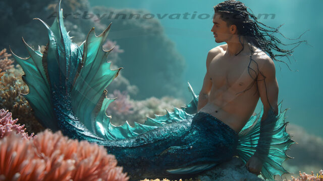 AI-generated HD photos featuring Mermen, The Warriors of the Sea. A collection of over 1,000 AI generated photo images of Mermen Warriors. Shirtless men from all age groups, with slim builds to hot and sexy, muscular body types, and from teenaged boys, to young men, to the handsome Elders. Merman warriors rising from a whirlpool, with a trident in hand, set against a stormy backdrop with dramatic lighting. Vibrant coral reefs, with detailed underwater scenes, highly realistic, with obsidian scales, that shimmer in the sunlight.