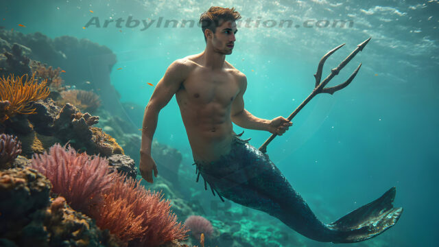AI-generated HD photos featuring Mermen, The Warriors of the Sea. A collection of over 1,000 AI generated photo images of Mermen Warriors. Shirtless men from all age groups, with slim builds to hot and sexy, muscular body types, and from teenaged boys, to young men, to the handsome Elders. Merman warriors rising from a whirlpool, with a trident in hand, set against a stormy backdrop with dramatic lighting. Vibrant coral reefs, with detailed underwater scenes, highly realistic, with obsidian scales, that shimmer in the sunlight.