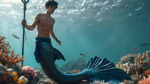 AI-generated HD photos featuring Mermen, The Warriors of the Sea. A collection of over 1,000 AI generated photo images of Mermen Warriors. Shirtless men from all age groups, with slim builds to hot and sexy, muscular body types, and from teenaged boys, to young men, to the handsome Elders. Merman warriors rising from a whirlpool, with a trident in hand, set against a stormy backdrop with dramatic lighting. Vibrant coral reefs, with detailed underwater scenes, highly realistic, with obsidian scales, that shimmer in the sunlight.
