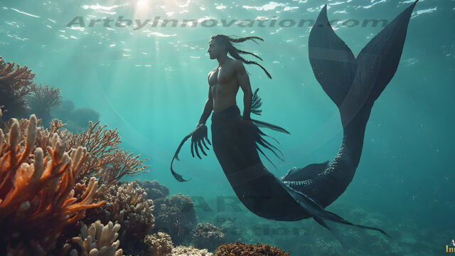 AI-generated HD photos featuring Mermen, The Warriors of the Sea. A collection of over 1,000 AI generated photo images of Mermen Warriors. Shirtless men from all age groups, with slim builds to hot and sexy, muscular body types, and from teenaged boys, to young men, to the handsome Elders. Merman warriors rising from a whirlpool, with a trident in hand, set against a stormy backdrop with dramatic lighting. Vibrant coral reefs, with detailed underwater scenes, highly realistic, with obsidian scales, that shimmer in the sunlight.