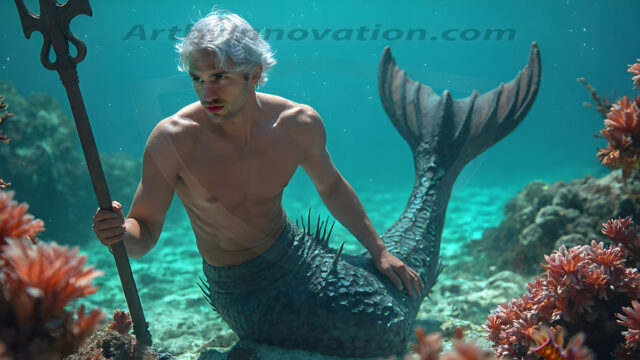 AI-generated HD photos featuring Mermen, The Warriors of the Sea. A collection of over 1,000 AI generated photo images of Mermen Warriors. Shirtless men from all age groups, with slim builds to hot and sexy, muscular body types, and from teenaged boys, to young men, to the handsome Elders. Merman warriors rising from a whirlpool, with a trident in hand, set against a stormy backdrop with dramatic lighting. Vibrant coral reefs, with detailed underwater scenes, highly realistic, with obsidian scales, that shimmer in the sunlight.