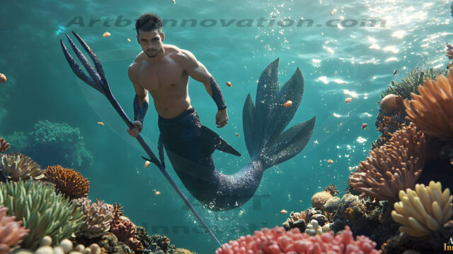 AI-generated HD photos featuring Mermen, The Warriors of the Sea. A collection of over 1,000 AI generated photo images of Mermen Warriors. Shirtless men from all age groups, with slim builds to hot and sexy, muscular body types, and from teenaged boys, to young men, to the handsome Elders. Merman warriors rising from a whirlpool, with a trident in hand, set against a stormy backdrop with dramatic lighting. Vibrant coral reefs, with detailed underwater scenes, highly realistic, with obsidian scales, that shimmer in the sunlight.