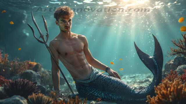 AI-generated HD photos featuring Mermen, The Warriors of the Sea. A collection of over 1,000 AI generated photo images of Mermen Warriors. Shirtless men from all age groups, with slim builds to hot and sexy, muscular body types, and from teenaged boys, to young men, to the handsome Elders. Merman warriors rising from a whirlpool, with a trident in hand, set against a stormy backdrop with dramatic lighting. Vibrant coral reefs, with detailed underwater scenes, highly realistic, with obsidian scales, that shimmer in the sunlight.